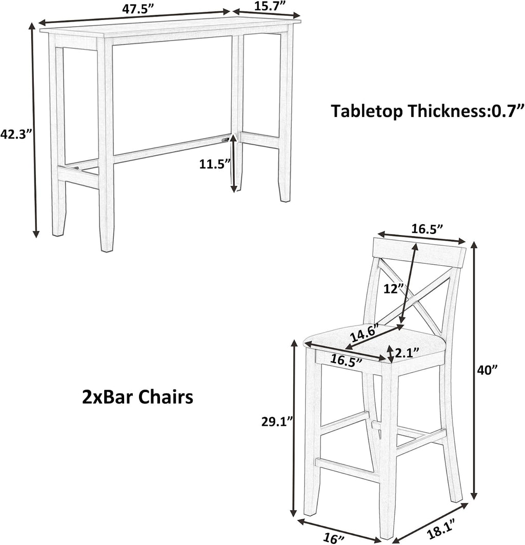 LUMISOL 3 Piece Pub Table and Chair Set, Small Bar Height Kitchen Table and Chairs, Breakfast Nook Table Set, 3 Piece High Top Dining Table for 2, Gray