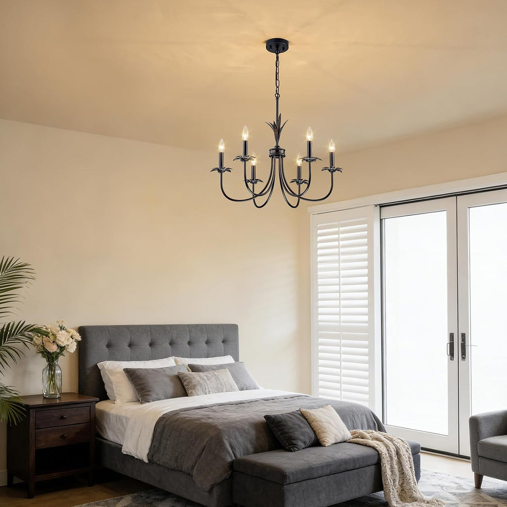 6-Light Flower Black Chandeliers for Dining Room, 26" Farmhouse Chandelier