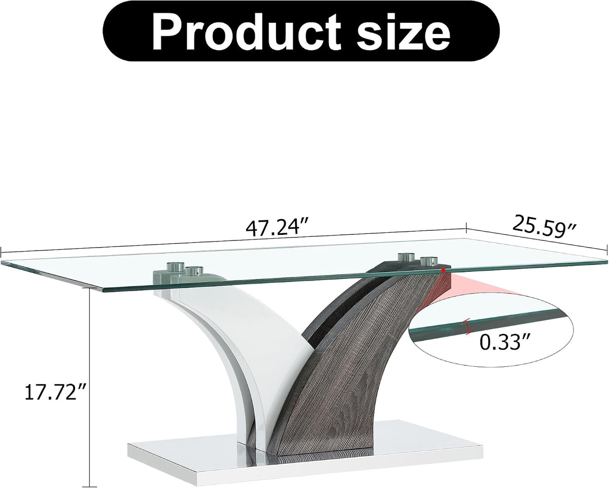 47'' Glass Coffee Table for Living Room,Rectangle Clear Center Table,Modern Glass Sofa Coffee Table with Tempered Glass Top and MDF Thickened Base