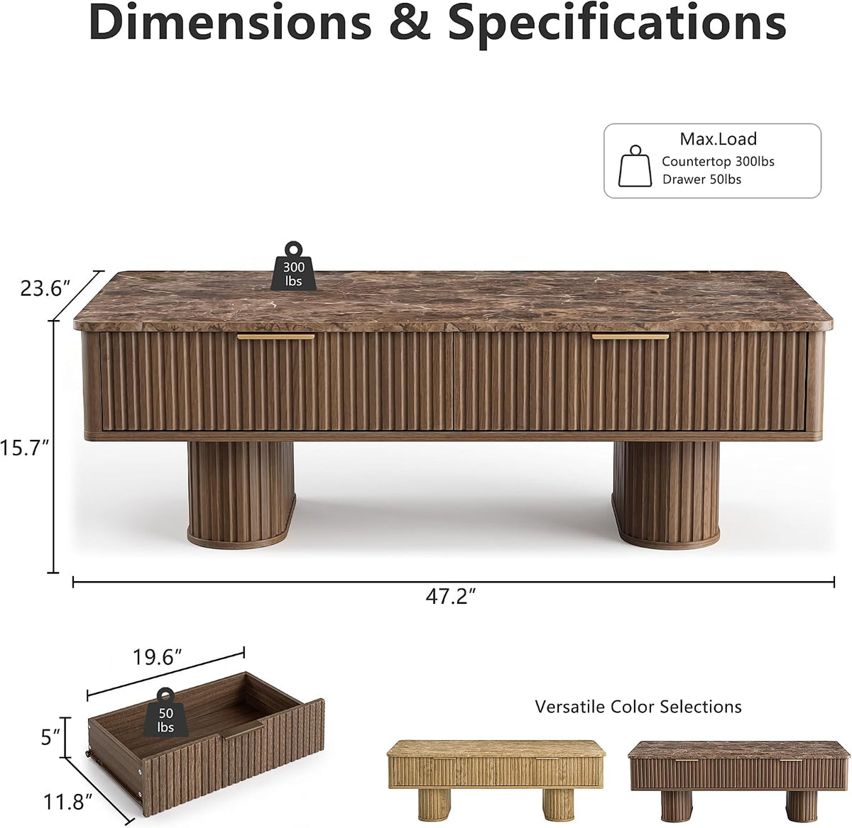 win2win Rectangle Coffee Table with Storage, Faux Marble Top, Walnut