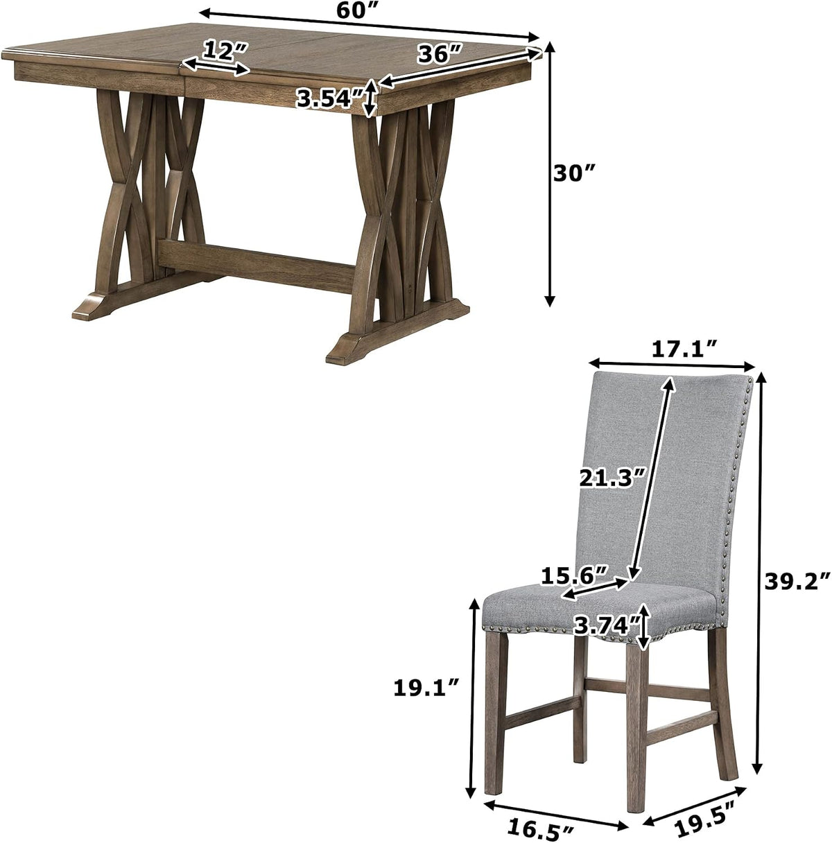 Mid-Century Extendable Dining Table Set for 6, Solid Wood 7-Piece Dining Table Set with 6 Upholstered Chairs and 12" Leaf, Home Breakfast Kitchen Dining Room Set for 6, Retro X Cross Trestle Base