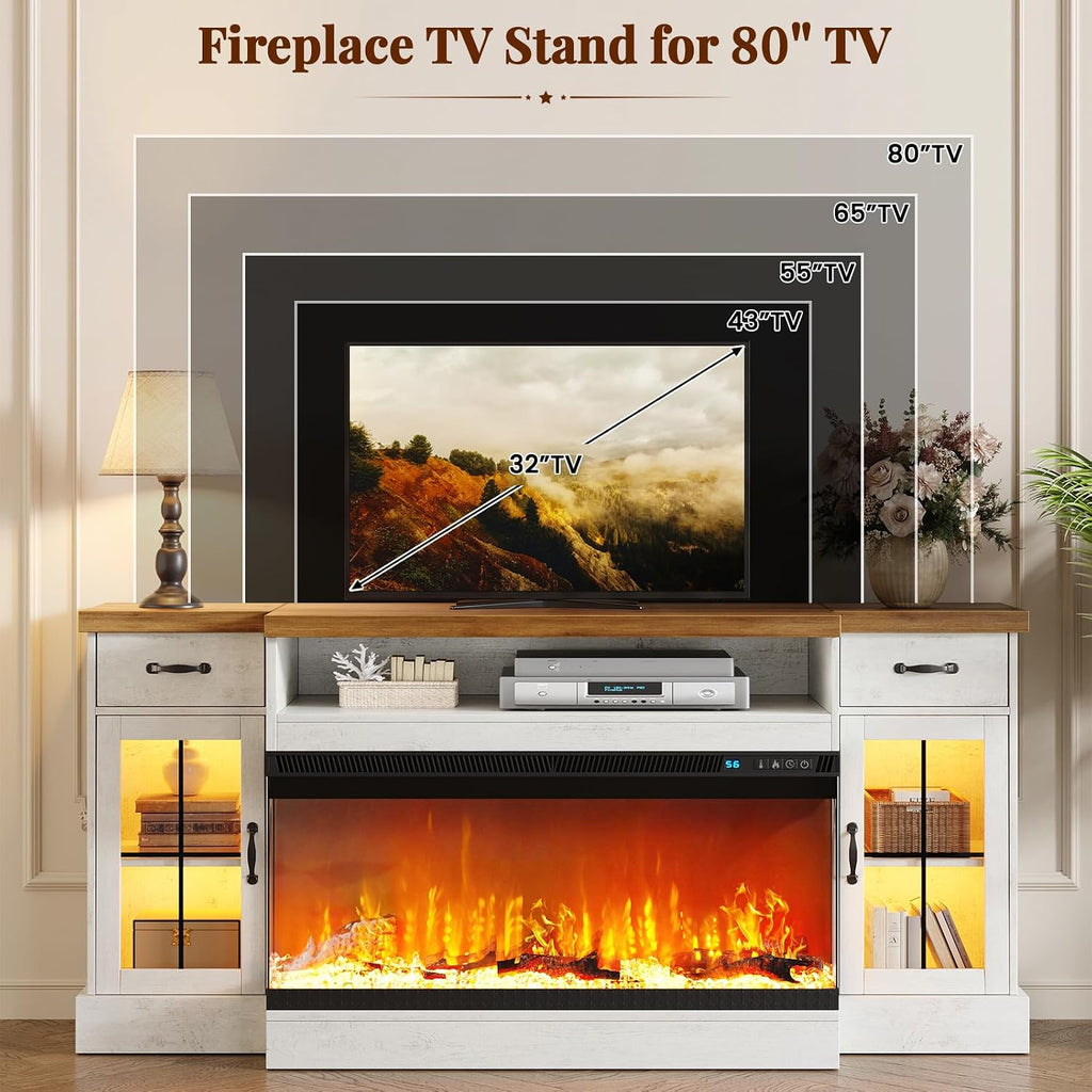70" Fireplace TV Stand for TVs Up to 80" & Adjustable Shelves, White