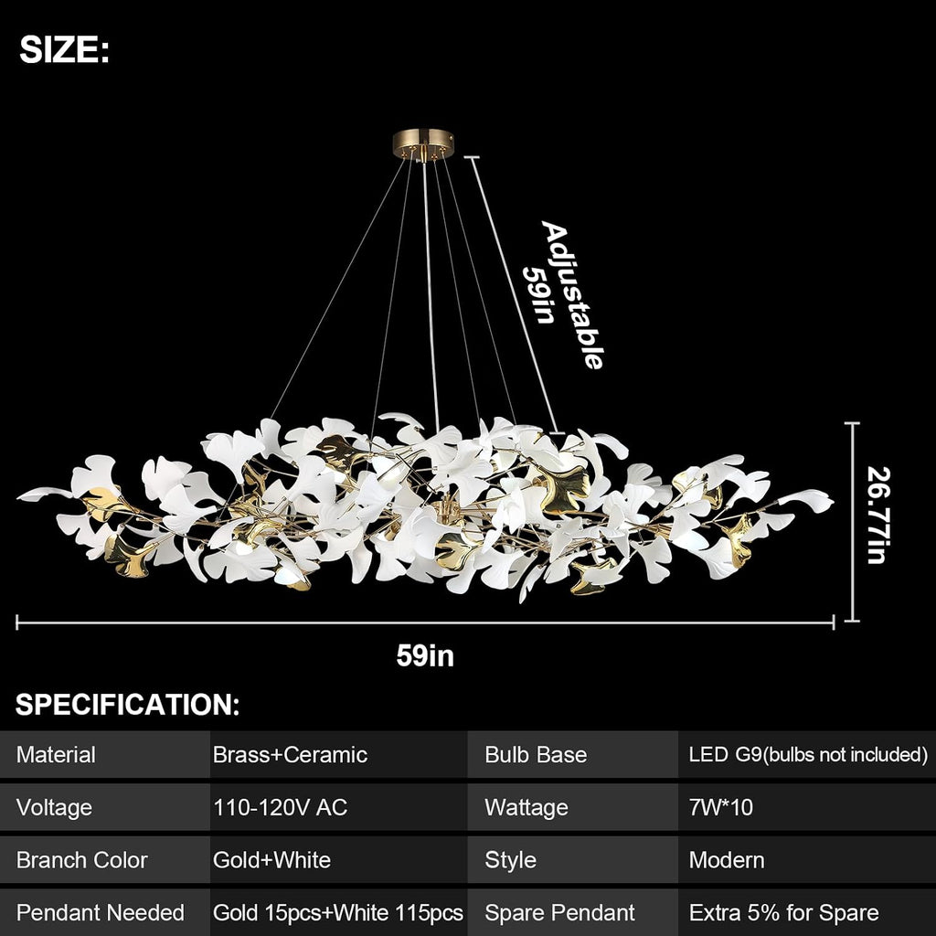 59 Inch White Rectangle Chandelier Gold Ceramic Ginkgo Leaf Chandeliers Brass Large Chandelier Modern Hanging Lights Fixture for Living Room Dining Room Kitchen Island,10-Light