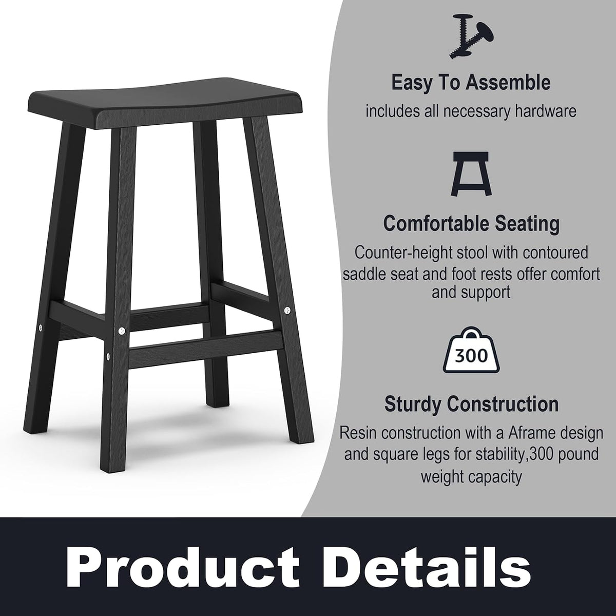 PatioZen Bar Stools, 29'', Black, Set of 2