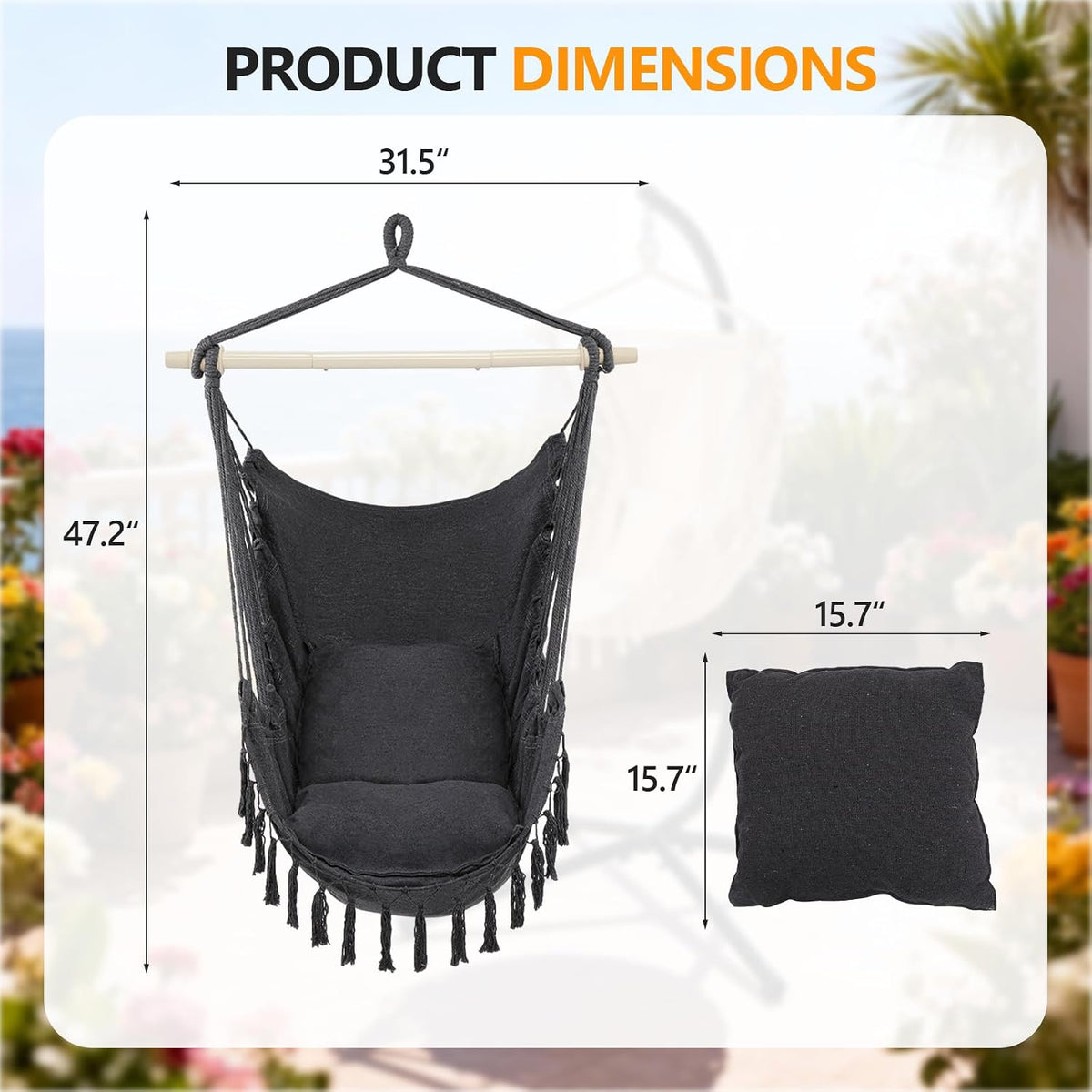 ONCLOUD XXL Hammock Chair Macrame Hanging Rope Swing Seat w/Side Pocket, Includes Drink Holder 2 Cushions Carry Bag All Hanging Hardware for Patio Bedrooms Indoor/Outdoor (Grey)