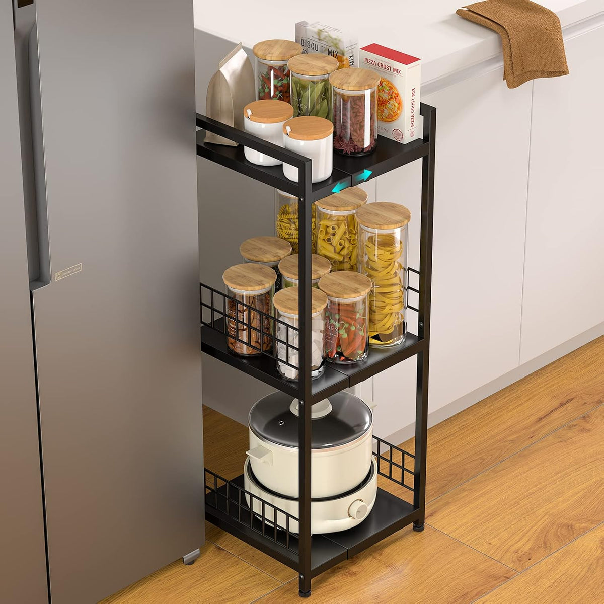 DAOUTIME 3-Tier Metal Shelving Unit, Expandable, Free-Standing, Narrow, Open Floor Shelves, Ideal for Bathroom, Kitchen, Laundry, Storage, Organization