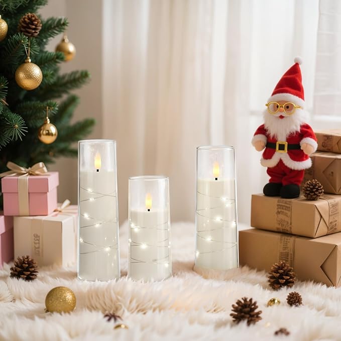 Raycare Flameless Candle with Remote Timer – 9 Flickering Acrylic Battery Operated LED Pillar Candles with Embedded Star String for Halloween, Home Decor, and as a Gift (White) (9 Pcs)
