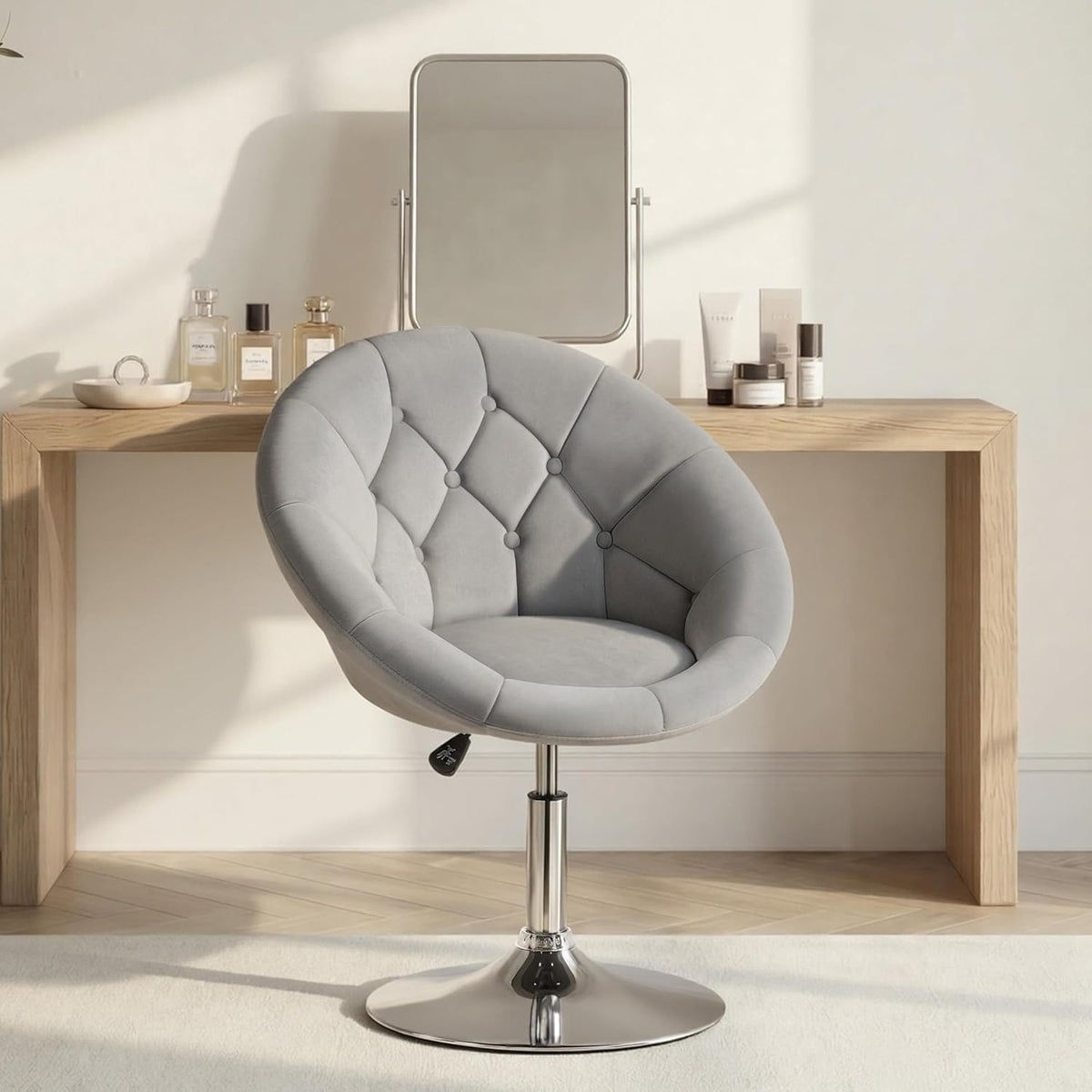 Yaheetech Adjustable Swivel Vanity Chair, Velvet Vanity Chair, Gray