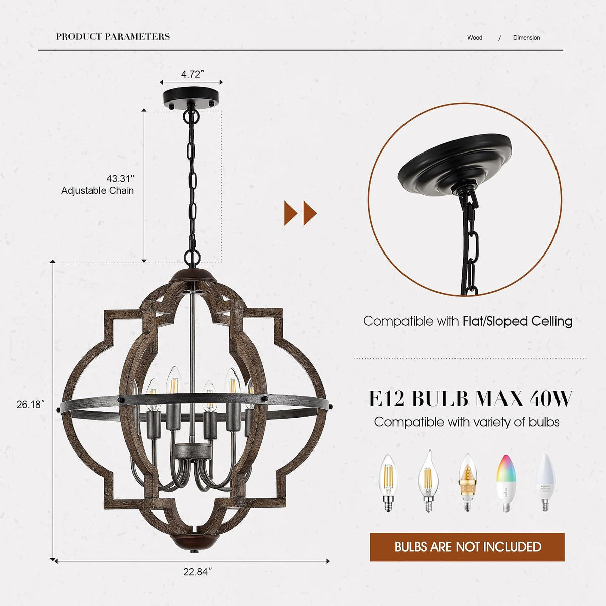 6-light wood farmhouse chandelier for dining room hallway shown in use