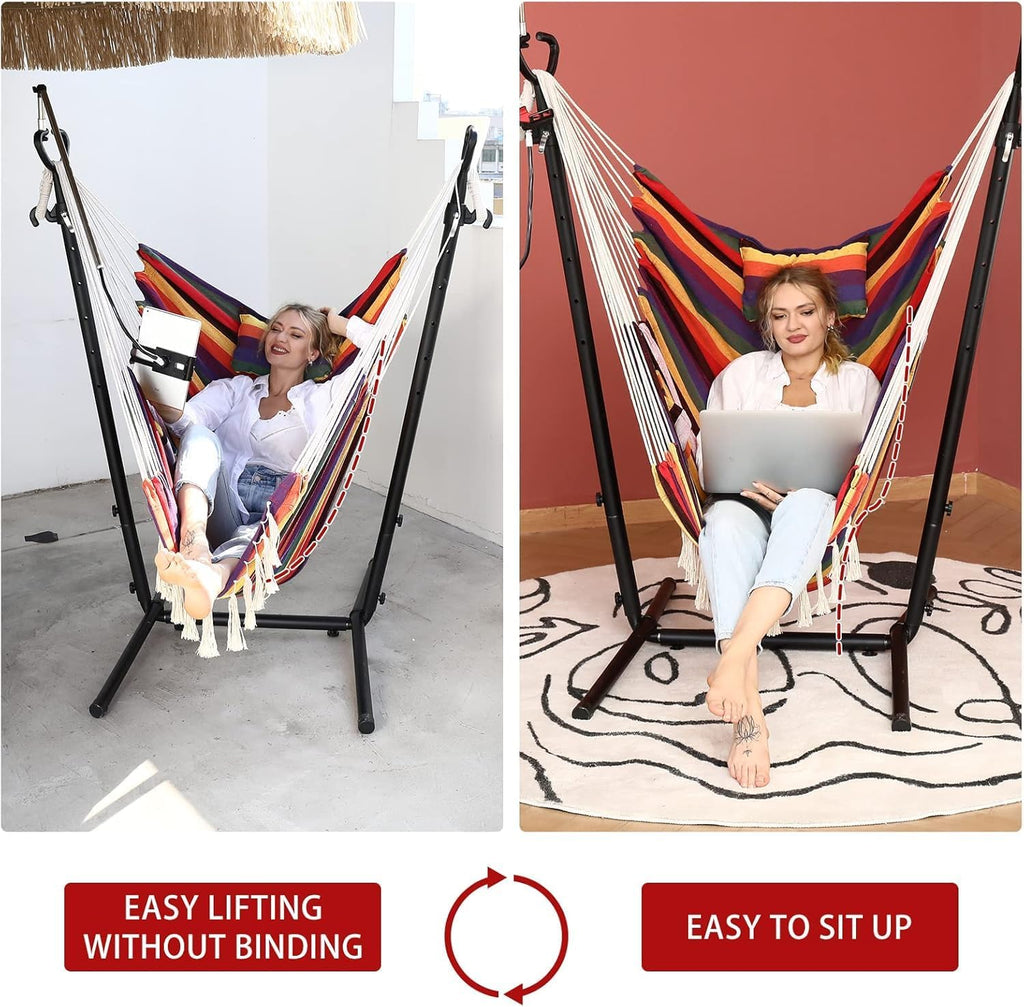 ZEYU Double Hammock Chair with Stand -Iridescent Strips