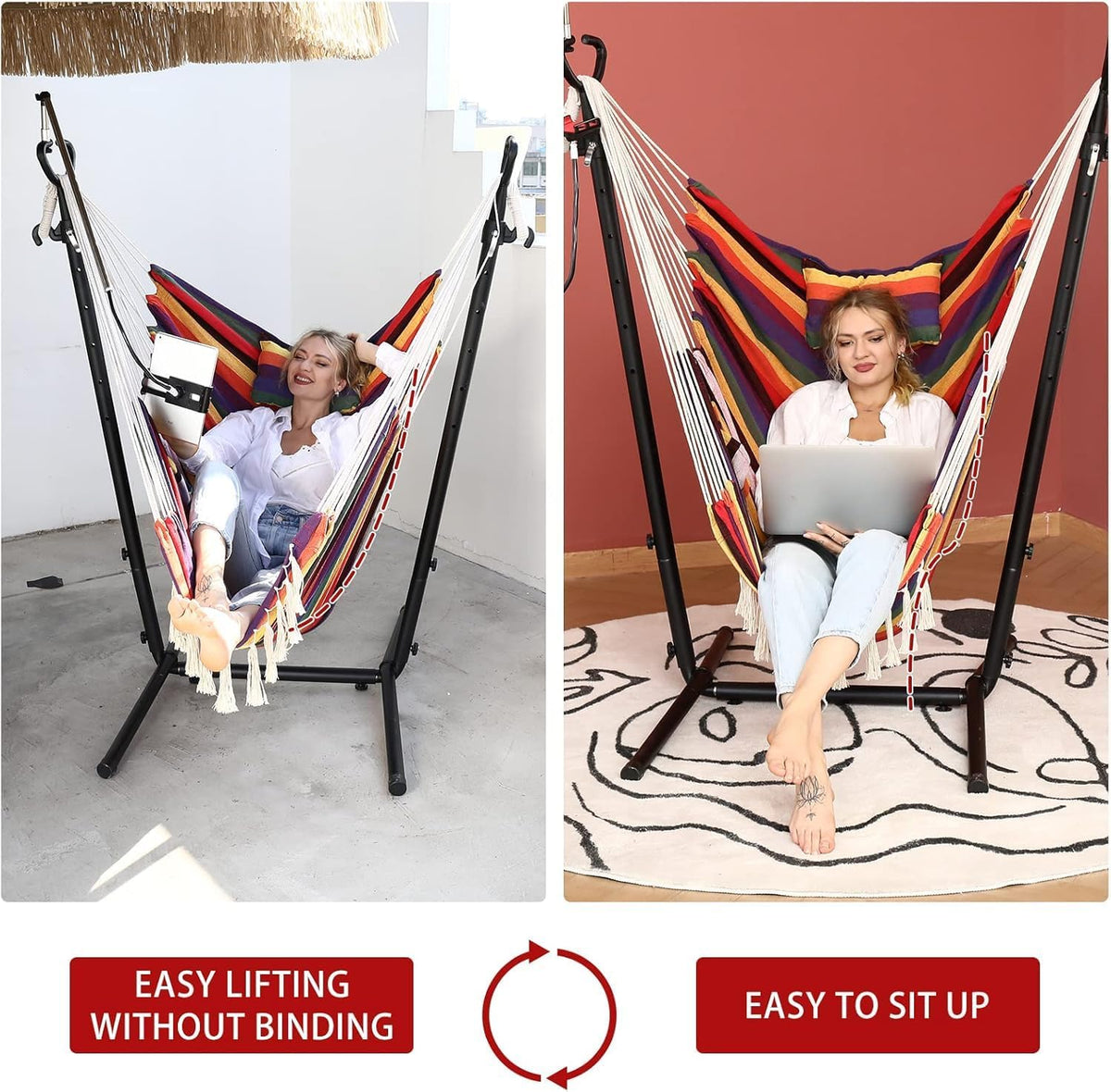 ZEYU Double Hammock Chair with Stand -Iridescent Strips