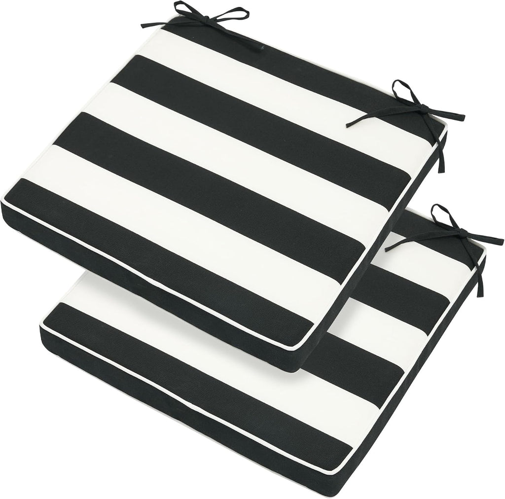 Patio Chair Cushion 18"x18"x2.5" for Patio Furniture, 2 Pack, Indoor/Outdoor Waterproof Square Corner Seat Cushion with Ties, Chair Pads for Garden Dining Office Sofa-Black White Stripe
