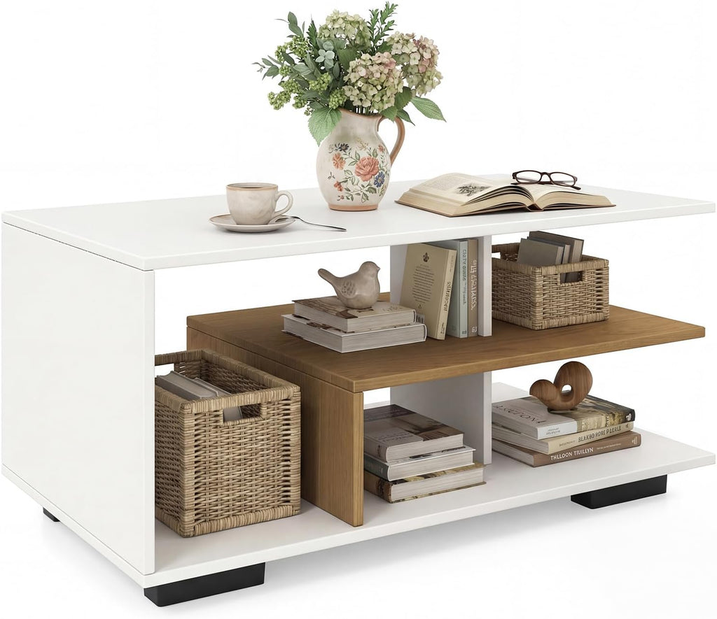 GOFLAME Rectangular Coffee Table for Living Room, 3-Tier Wood Center Table with Storage, L-Shaped Middle Shelf, Modern Accent Coffee Tables for Living Room, Reception Room, White & Natural
