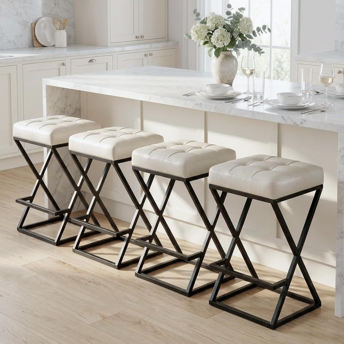 Bar Stools Set of 2, 26 Inch Counter Height Faux Leather Cream White