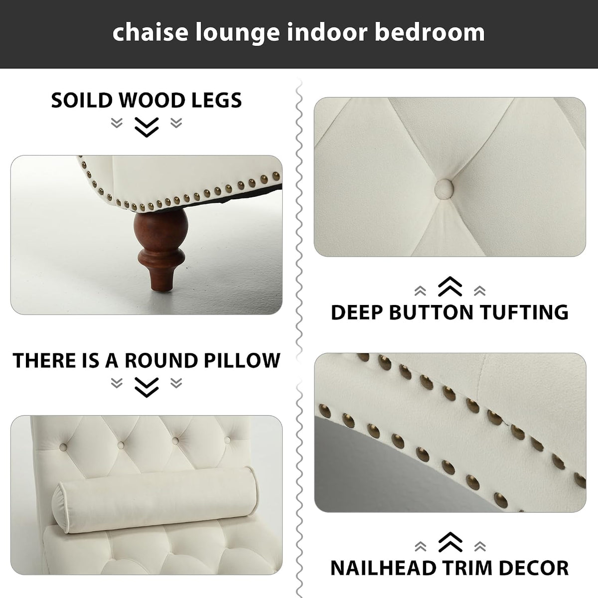 Button-Tufted Chaise Lounge Indoor, Velvet Chaise Lounge Chair with Legs & Toss Pillow, Armless Rolled Backrest Leisure Sofa Recliner for Living Room Bedroom (Begie)