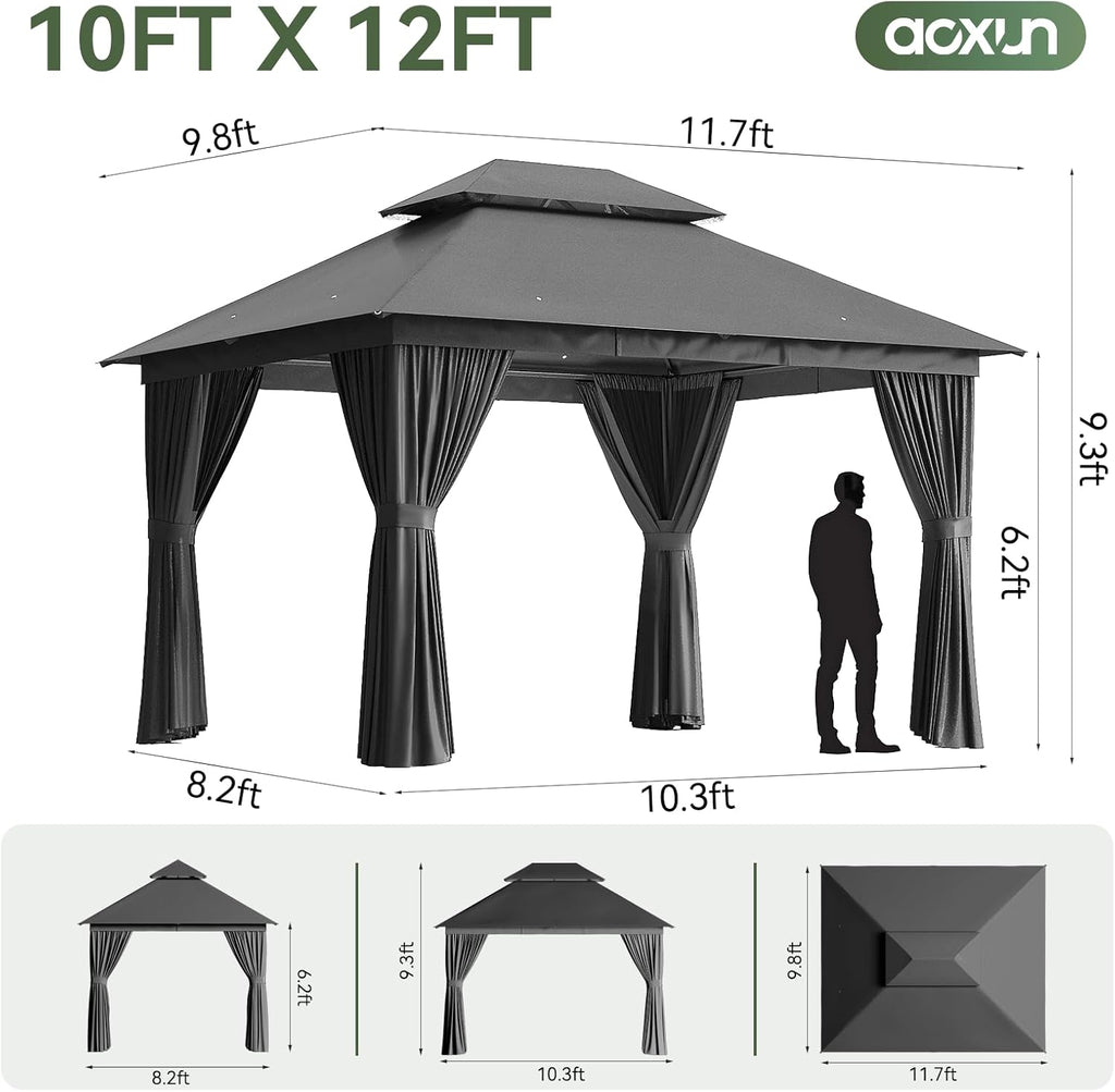 Aoxun 12'x10' Outdoor Gazebo with Mosquito Netting and Privacy Curtains