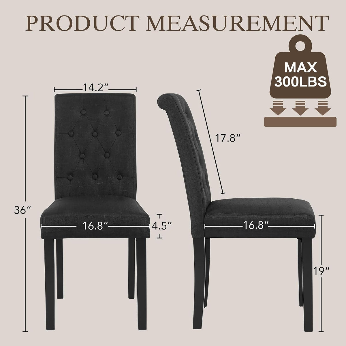 LSSBOUGHT Set of 4 Modern Tufted Dining Chairs, Button Padded Fabric Chairs with Solid Wood Legs, Upholstered Armless Dining Side Chairs for Home Dining Room(Charcoal,No Table)