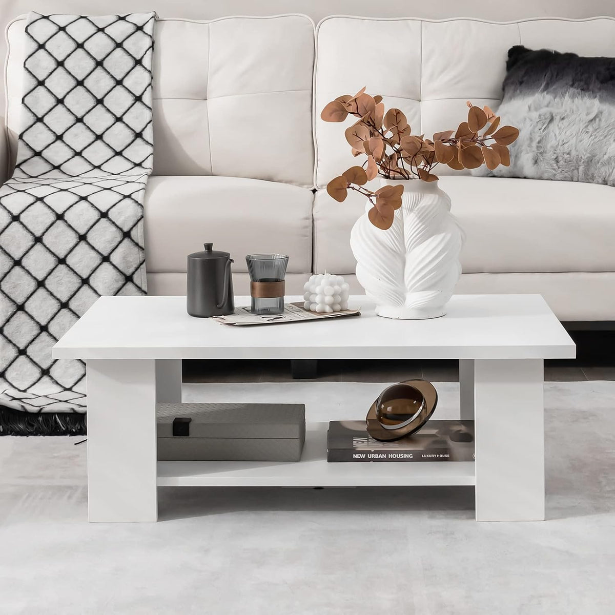 Tangkula 2-Tier Coffee Table, Modern Rectangular Center Cocktail Table with 5 Support Legs, Wooden Accent Living Room Furniture, Small Coffee Table for Small Spaces, Easy Assembly (White)