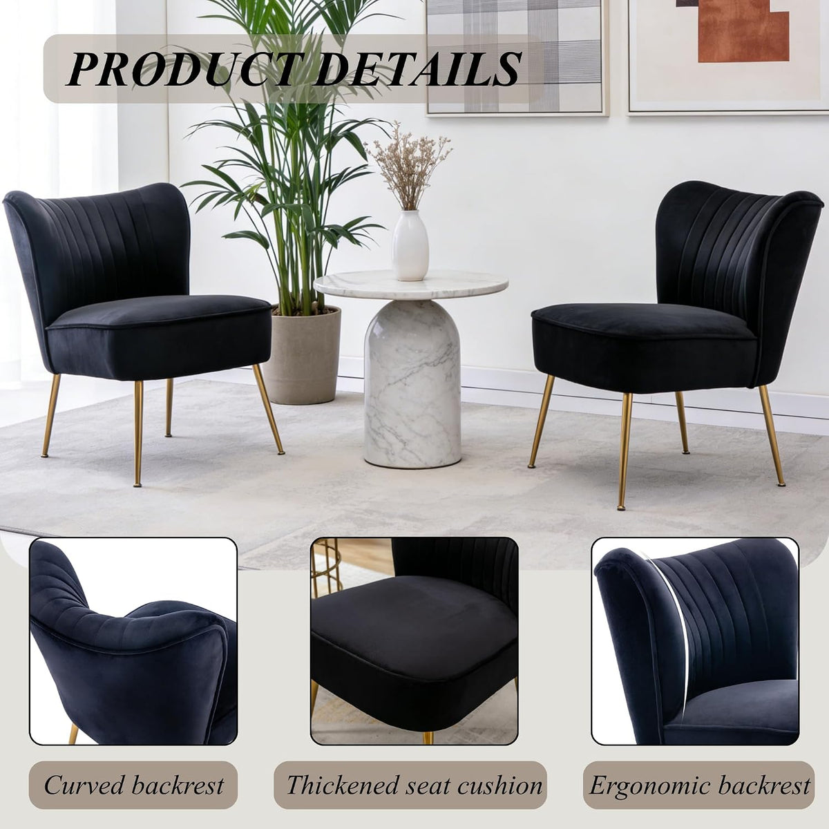 Black Velvet Accent Chair Set of 2 with Wingback