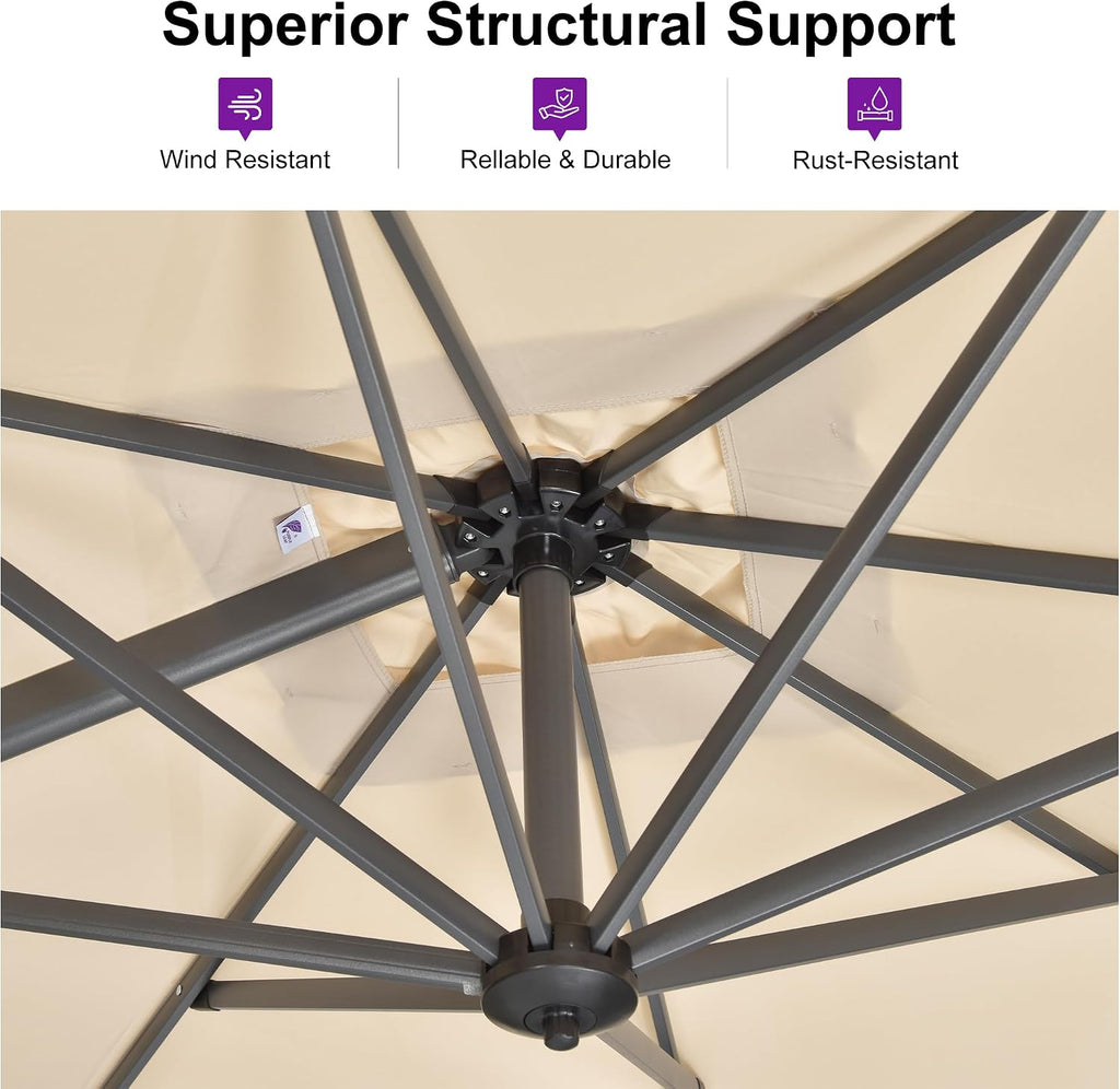 PURPLE LEAF Cantilever Umbrella 9' x 11.5' Rectangle 360° Rotation Beige