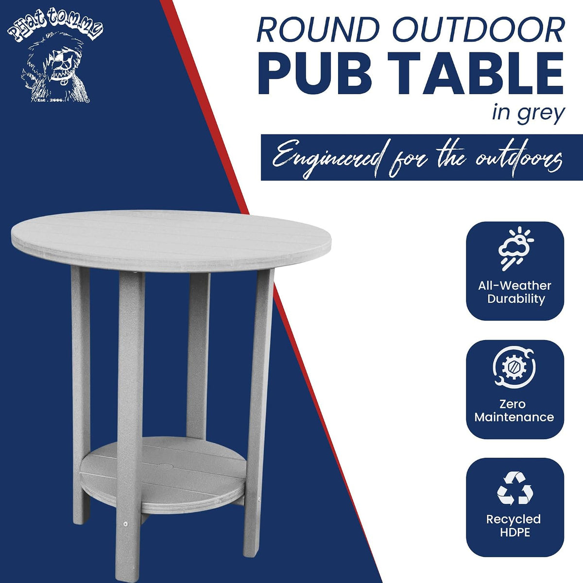 Phat Tommy Round Bar Height Patio Table - Outdoor Bar Table - Balcony Height Patio Furniture for Your Deck - Poly Outdoor Furniture, Grey