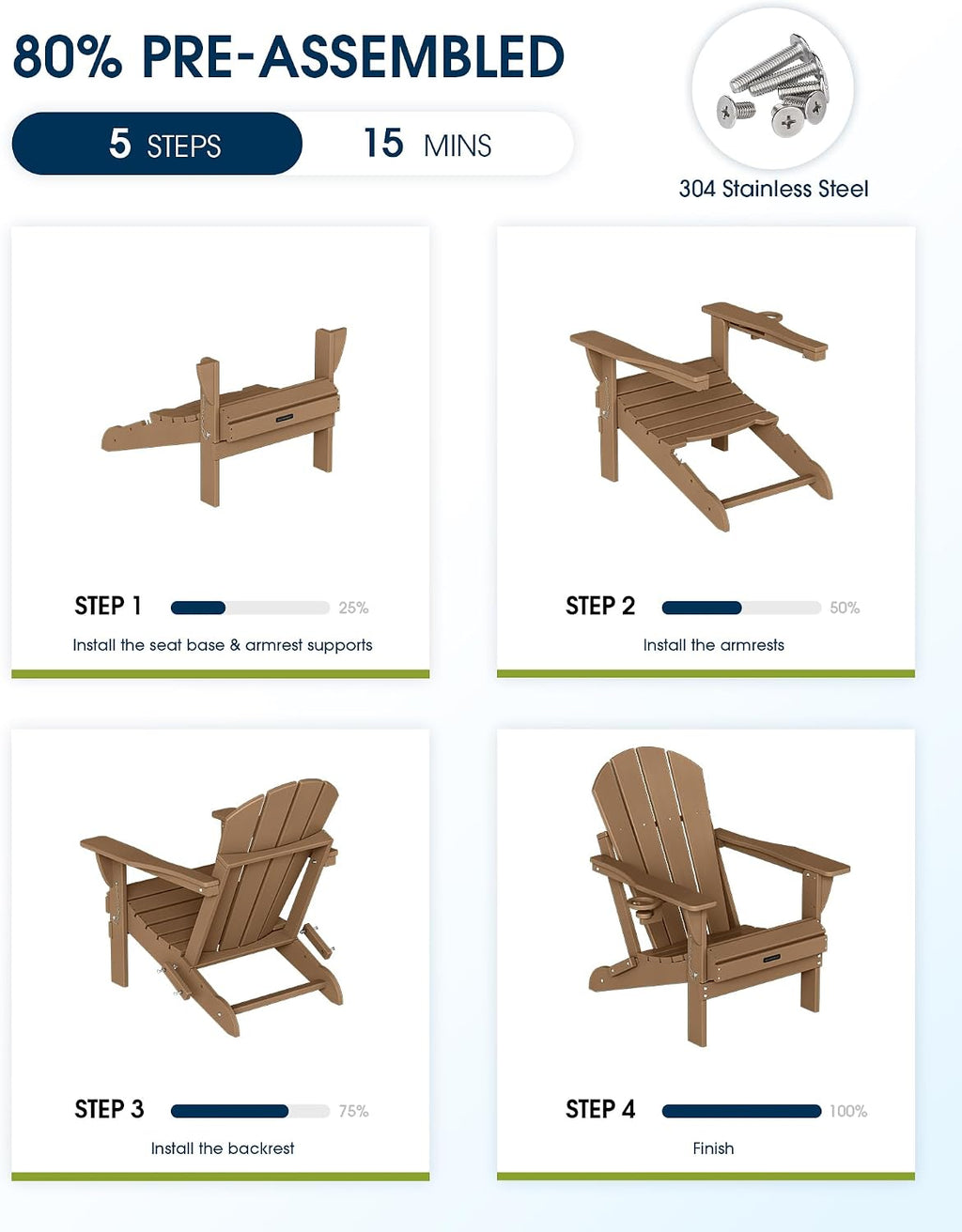 MUCHENGHY Folding Adirondack Chairs, Patio Chairs, Lawn Chairs, Outdoor Chair, Adirondack Chair Plastic, Fire Pit Chairs, Weather Resistant with Cup Holder for Deck, Backyard, Garden(Teak)