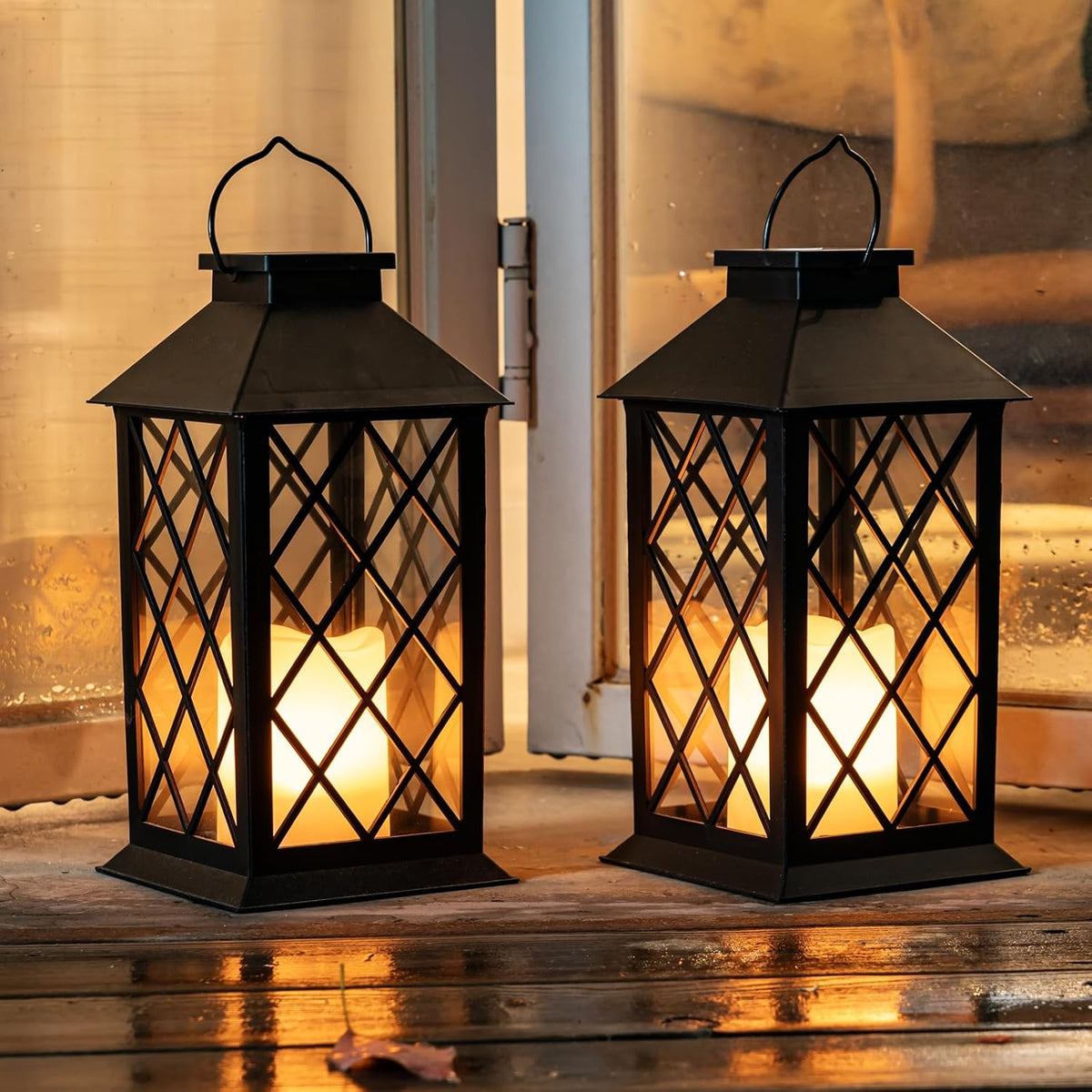 Homemory 2 Pack 13'' Black Solar Lanterns, Flickering Flame Hanging Lights