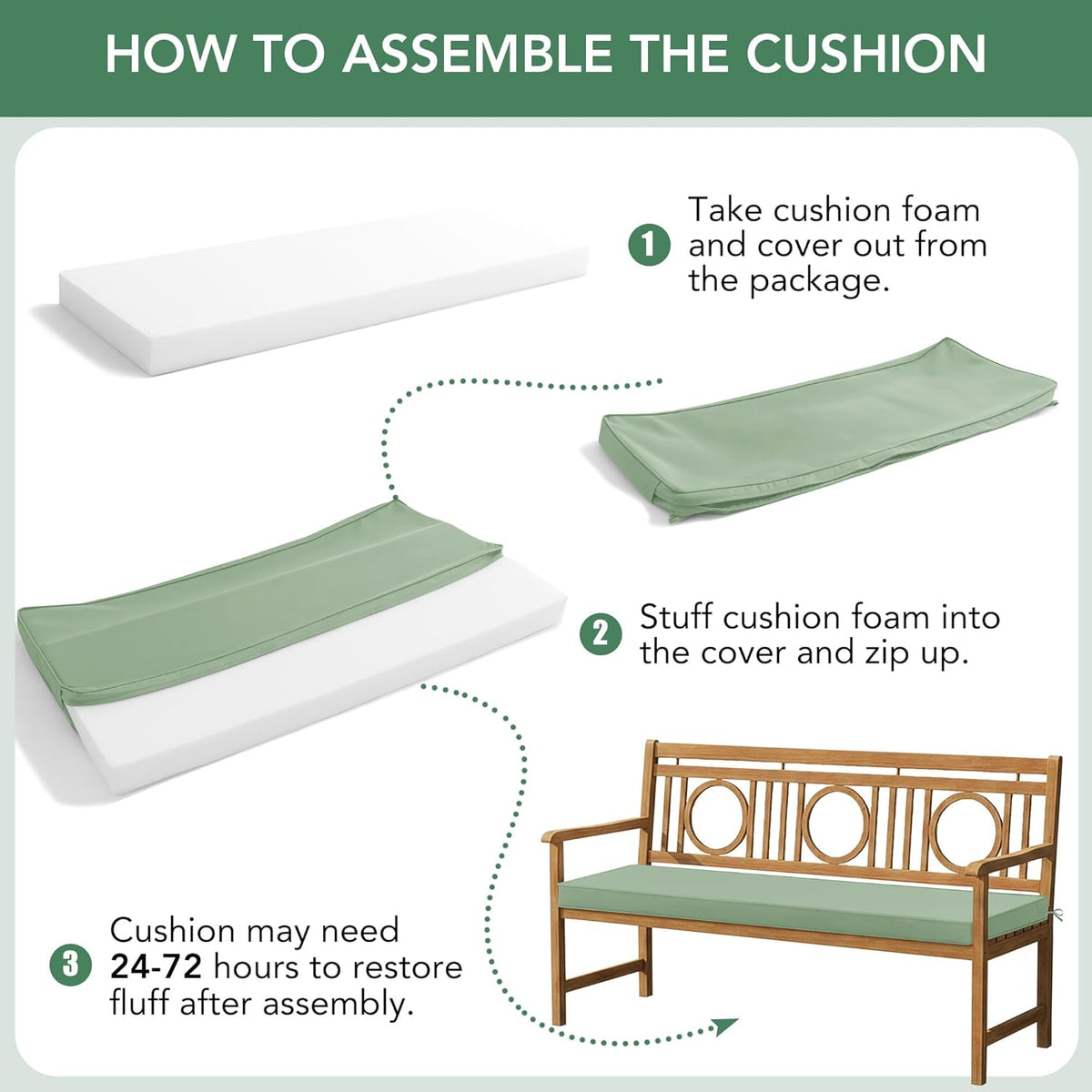 Summsun Outdoor Bench Cushion Pad, 48 x 18 x 3 Inch, Sage Green