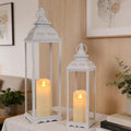 Decorative Candle Lanterns, Large 2Pcs, White Metal for Indoor & Outdoor
