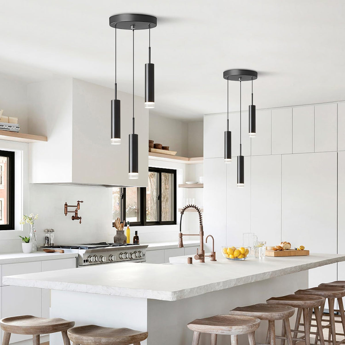 kco modern 3-light cluster chandelier matte black cylinder, side view