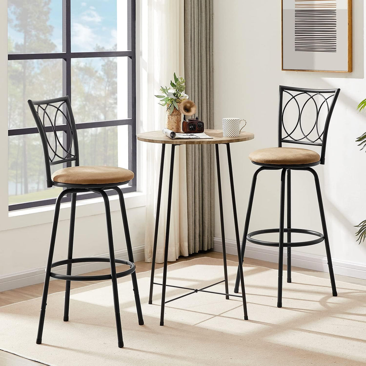 VECELO Bar Stools, 24/29" Adjustable Barstool,Swivel Counter Stool with Upholstered Seat,Steel Bistro Pub Chairs, Curved Line Backrest, Set of 2
