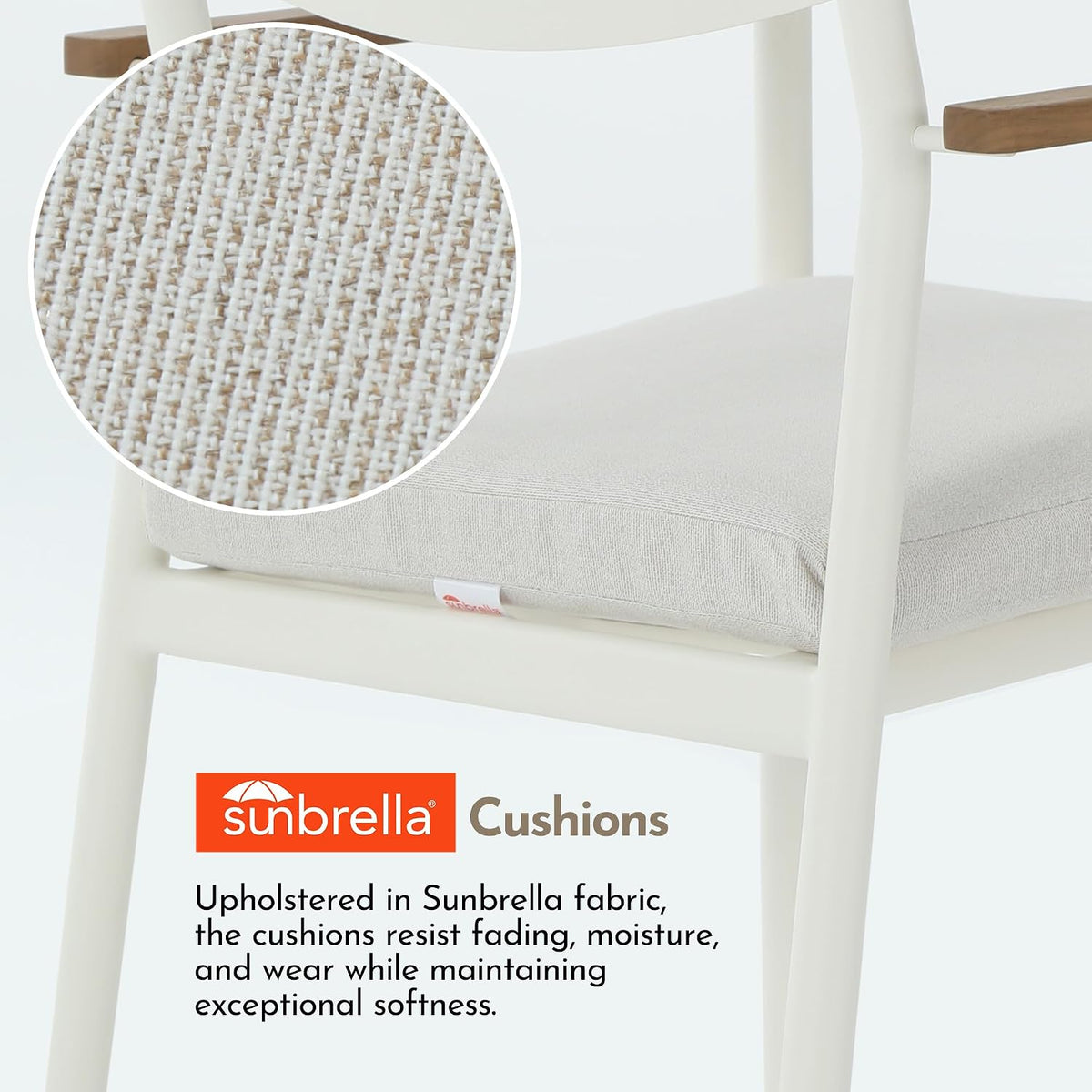 Modern Shade Luxury Outdoor Dining Chairs Set of 4, Fade Resistant, All-Aluminum Outdoor Chairs with FSC Teak Wood Armrests, Weather-Resistant Patio Chair with Quick Dry Cushion, White