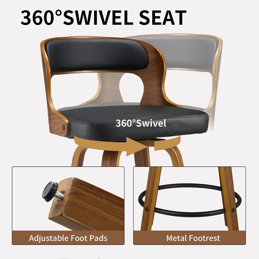 VipDesk 26 Inch Swivel Bar Stools, Faux Leather Mid Century Counter Height Bar Chair with Back and Arms, Modern Barstools for Home Bar, Dining Room, Kitchen Island, Black (Set of 2)