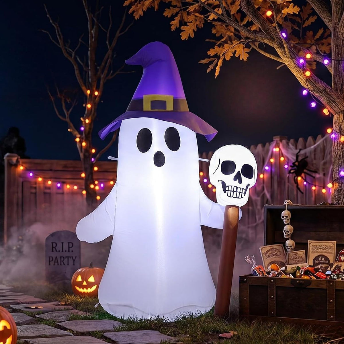 4FT Halloween Inflatables White Ghost Wearing Hat Decorations