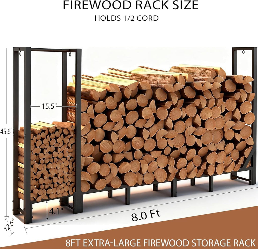 8ft Heavy Duty Firewood Rack with Kindling Storage,Black
