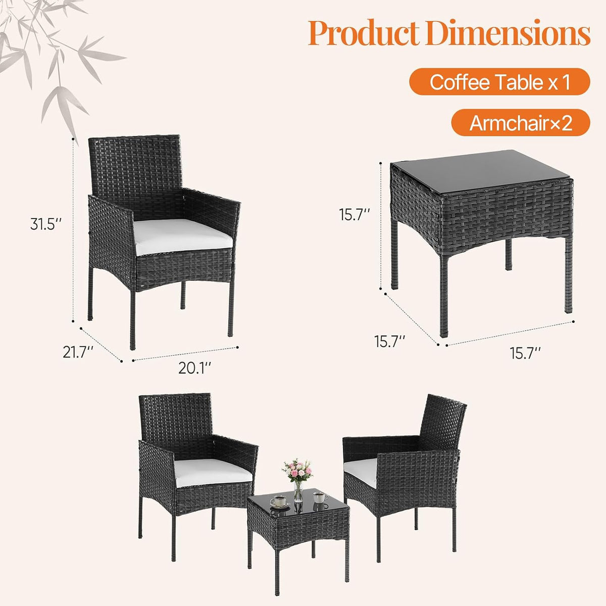 Sweetcrispy Outdoor Wicker Bistro Set, 3-Piece Patio Furniture, Black