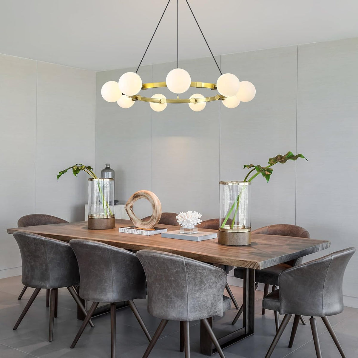 9-light brass sputnik chandeliers, white globe ceiling light, front angle view