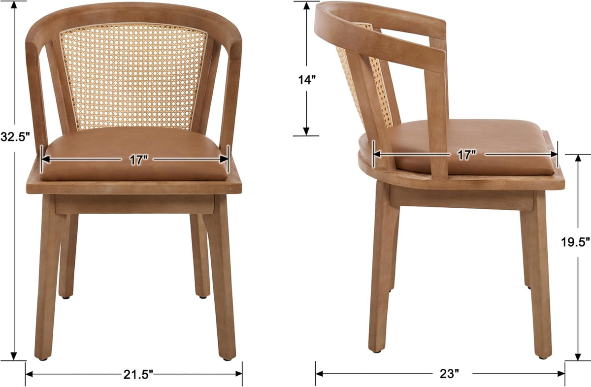 EALSON Rattan Mid Century Dining Chairs Set of 4 Modern Farmhouse Wooden Dining Room Chairs with Cane Curved Back Leather Upholstered Comfortable Kitchen Side Chairs for Restaurant, Brown