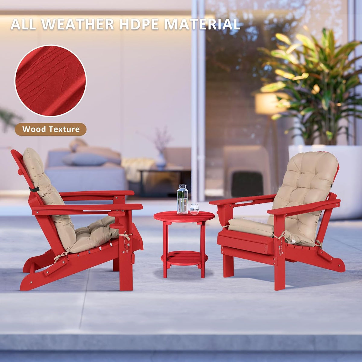 Adirondack Chair with Cushion & Cup Holder, HDPE Folding Adirondack Chair with Wood-Like Grain Outdoor Fire Pit Chairs for Patio/Porch/Swimming Pool/Camping