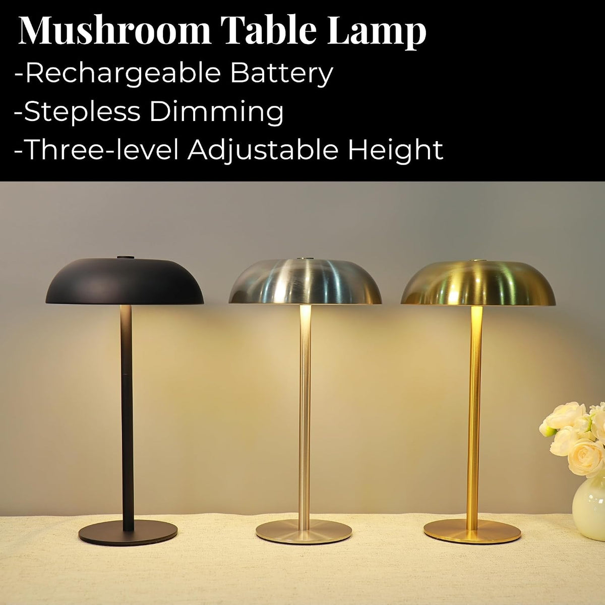 cordless 11" mushroom table lamp with dimmable 3, side view
