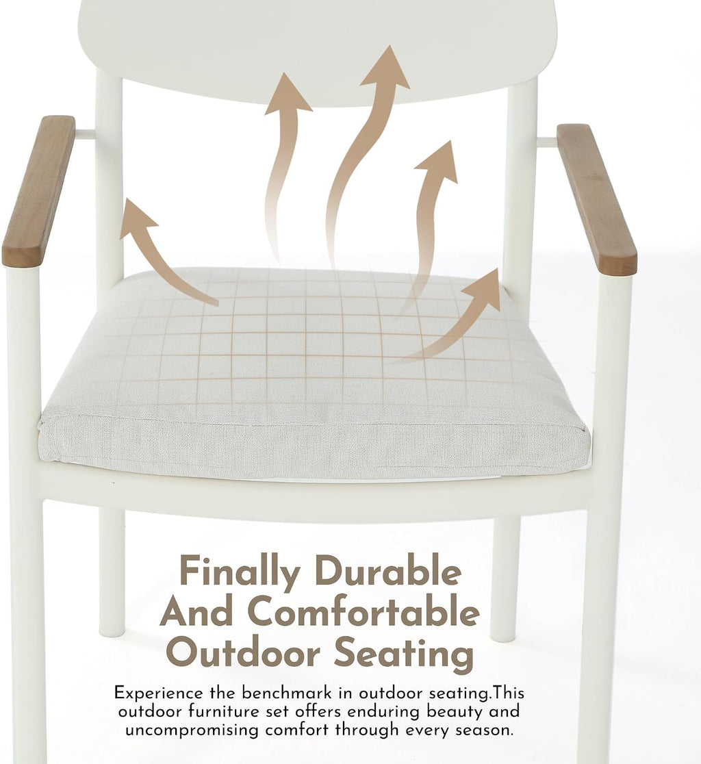 Modern Shade Luxury Outdoor Dining Chairs Set of 4, Fade Resistant, All-Aluminum Outdoor Chairs with FSC Teak Wood Armrests, Weather-Resistant Patio Chair with Quick Dry Cushion, White