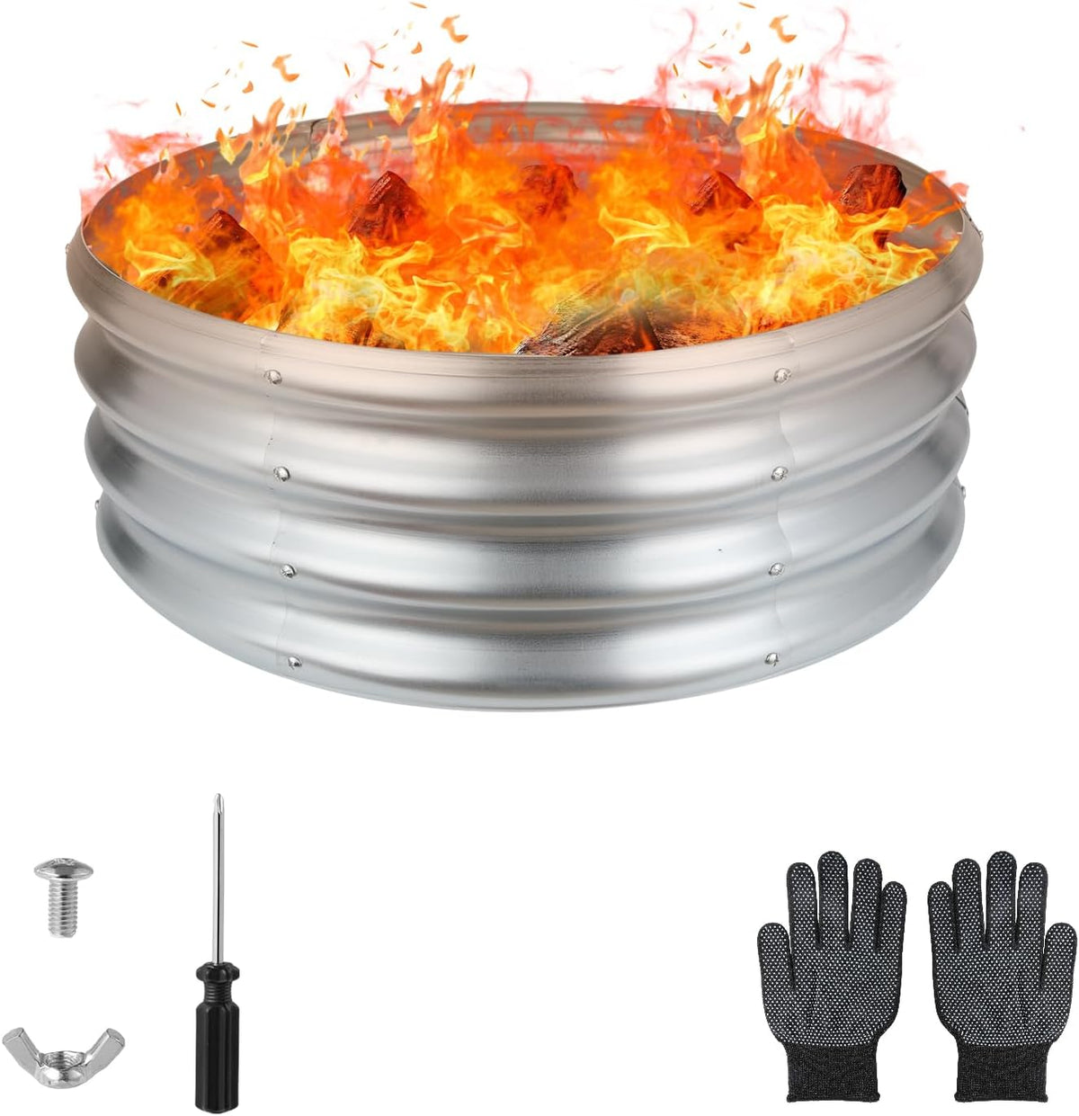 Raynesys 24″ Round Galvanized Fire Pit Ring for Outdoor Wood Burning Silver