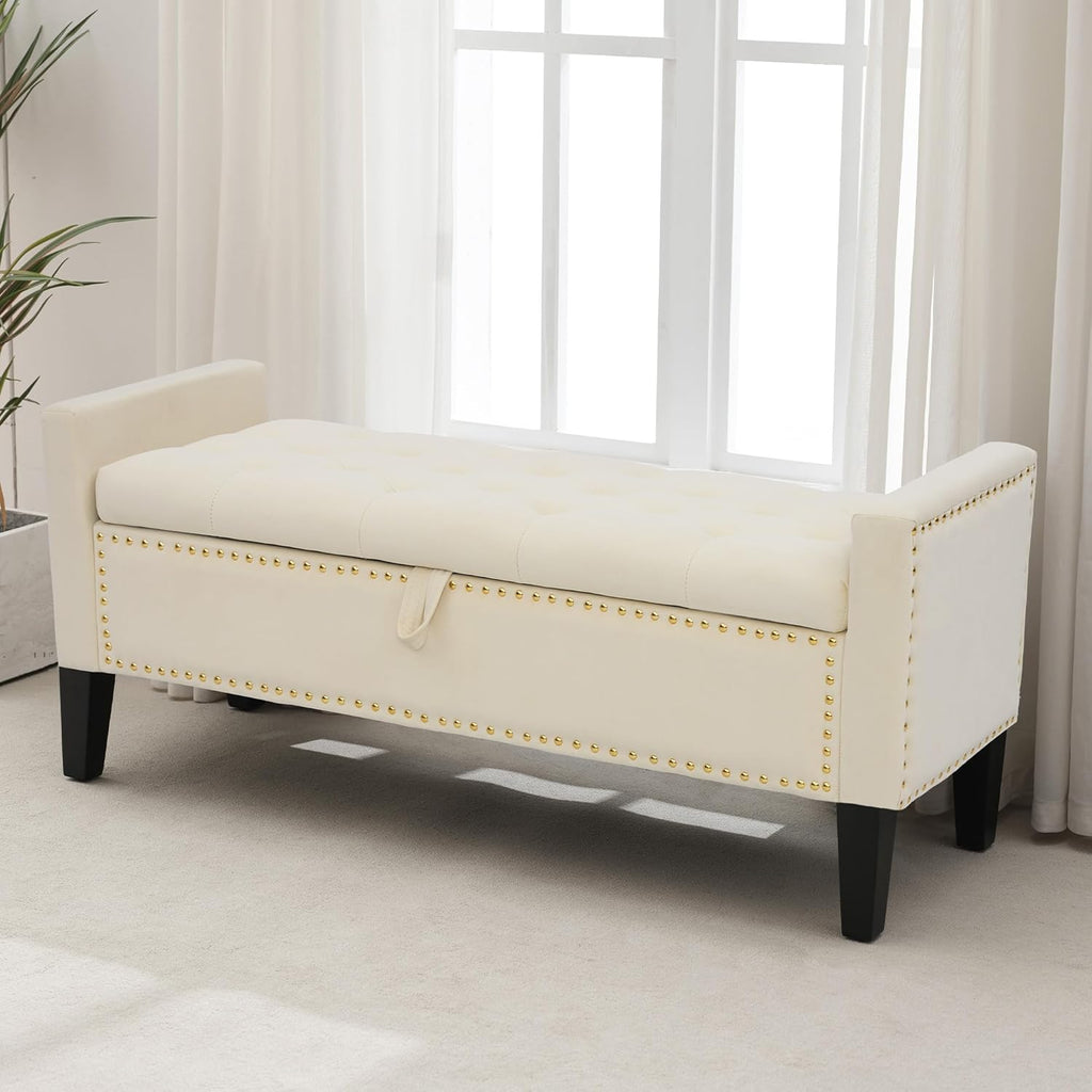 Storage Ottoman Bench, Velvet Upholstered Footstool, Beige