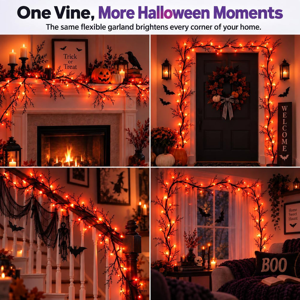 Halloween Garland with Orange Lights, 9 FT Bendable Black Branch, 72 LEDs