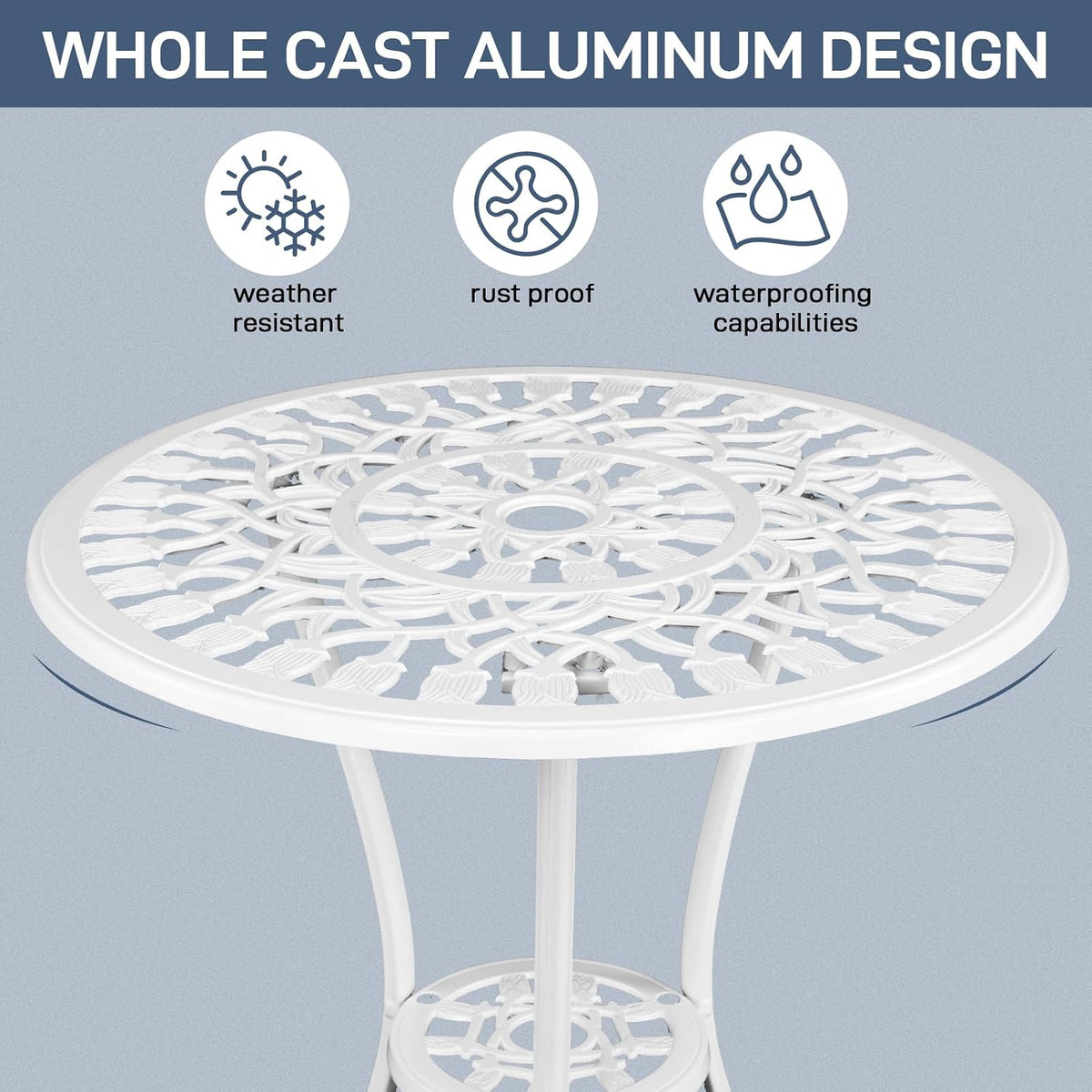 Outvita 3 Piece Cast Aluminum Bistro Set, Tulip Pattern White