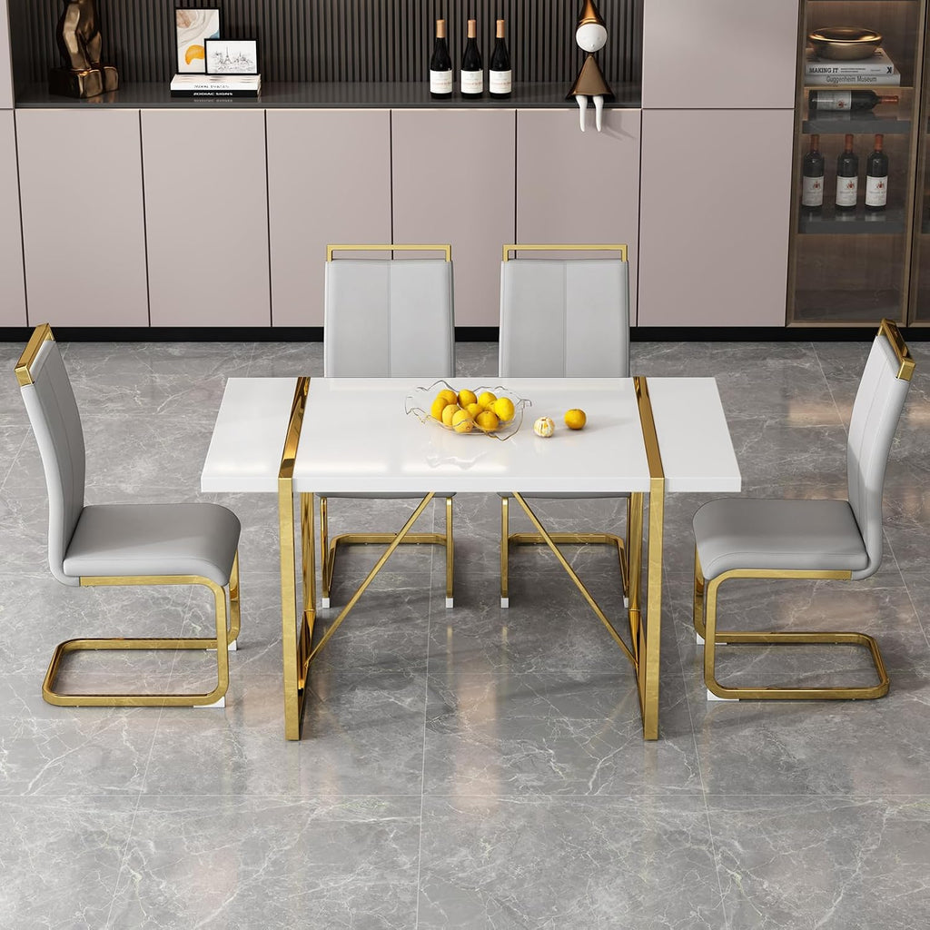Ebullient White Dining Table Set for 4，Rectangular MDF Dining Table and Dark Grey Faux Leather Dining Chairs, 5 Piece Dining Table Set，Modern Dining Room Table Set with Metal Frame
