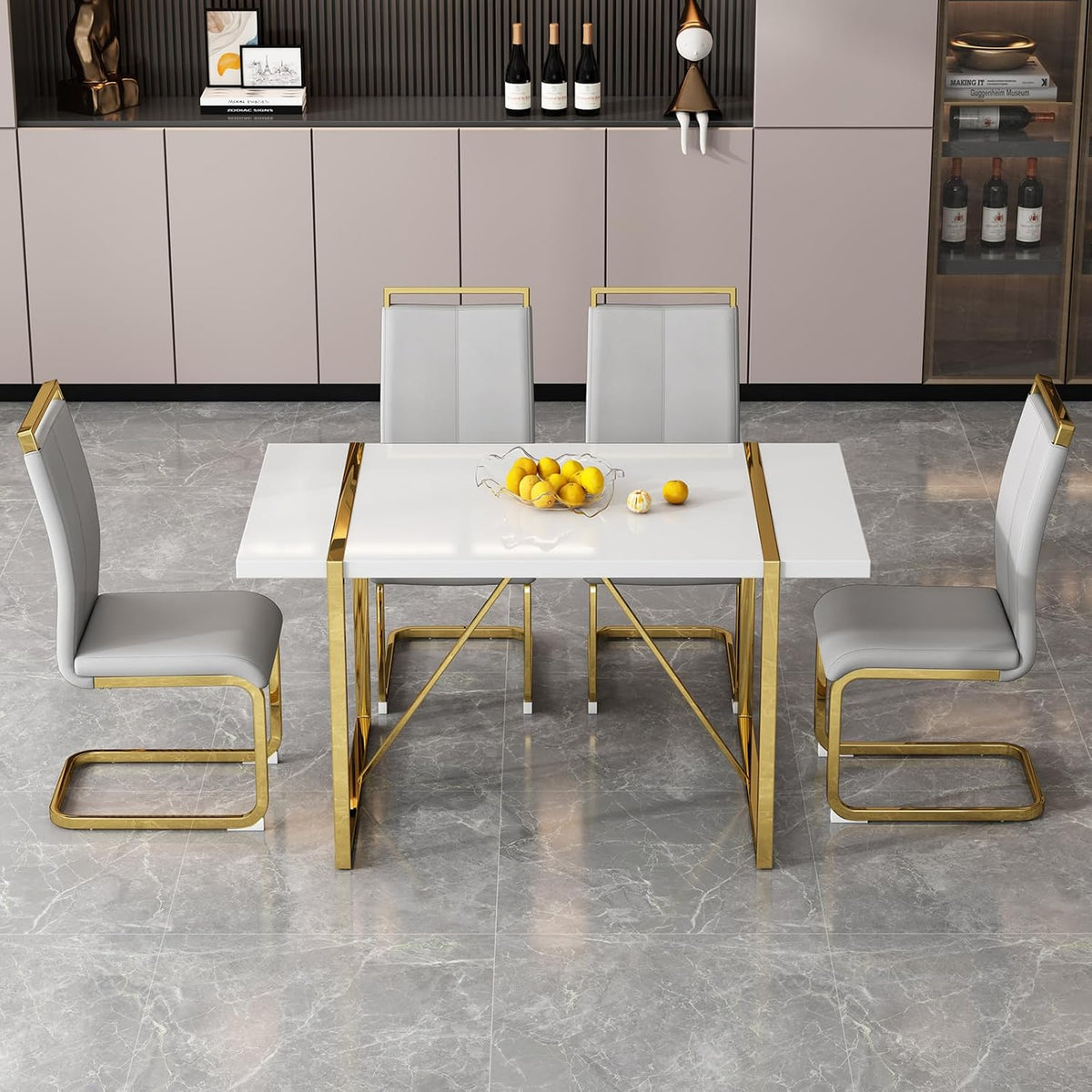 Ebullient White Dining Table Set for 4，Rectangular MDF Dining Table and Dark Grey Faux Leather Dining Chairs, 5 Piece Dining Table Set，Modern Dining Room Table Set with Metal Frame