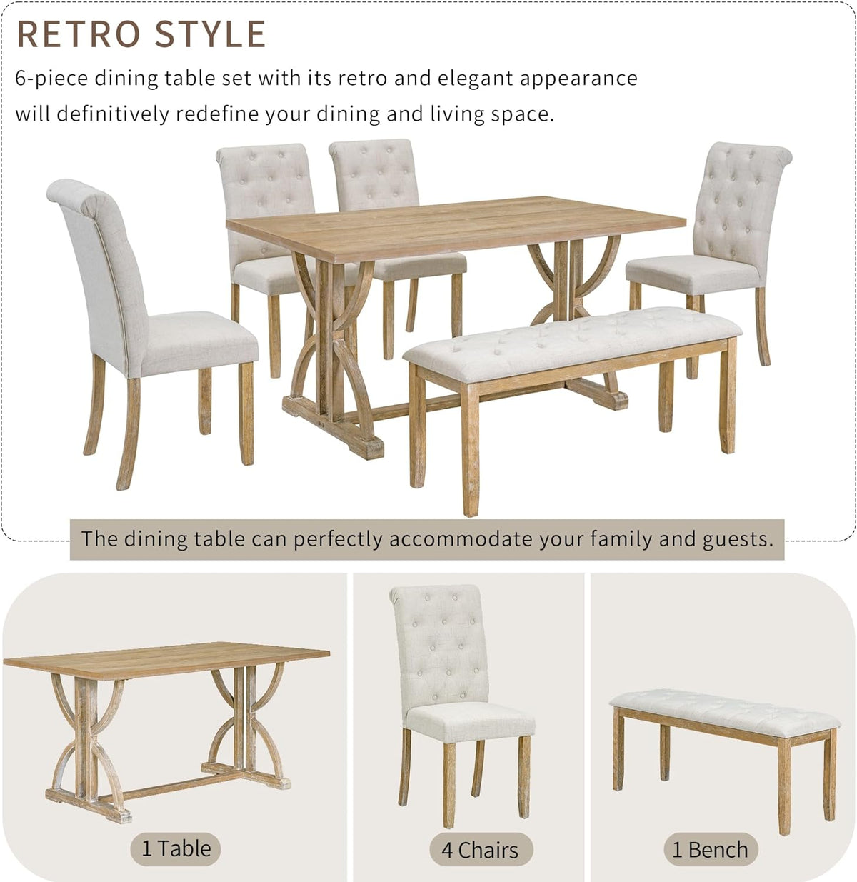 Merax 6-Piece Solid Wood Dining Table Set for 6, Wood Rectangular Kitchen Table Set with 4 Upholstered Chairs & 1 Bench for Dining Room & Kitchen, Natural Wood Wash