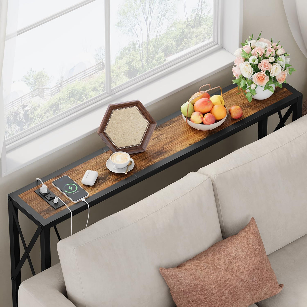 Gewudraw Narrow Console Table with Socket, Sofa Table Behind Couch, Brown