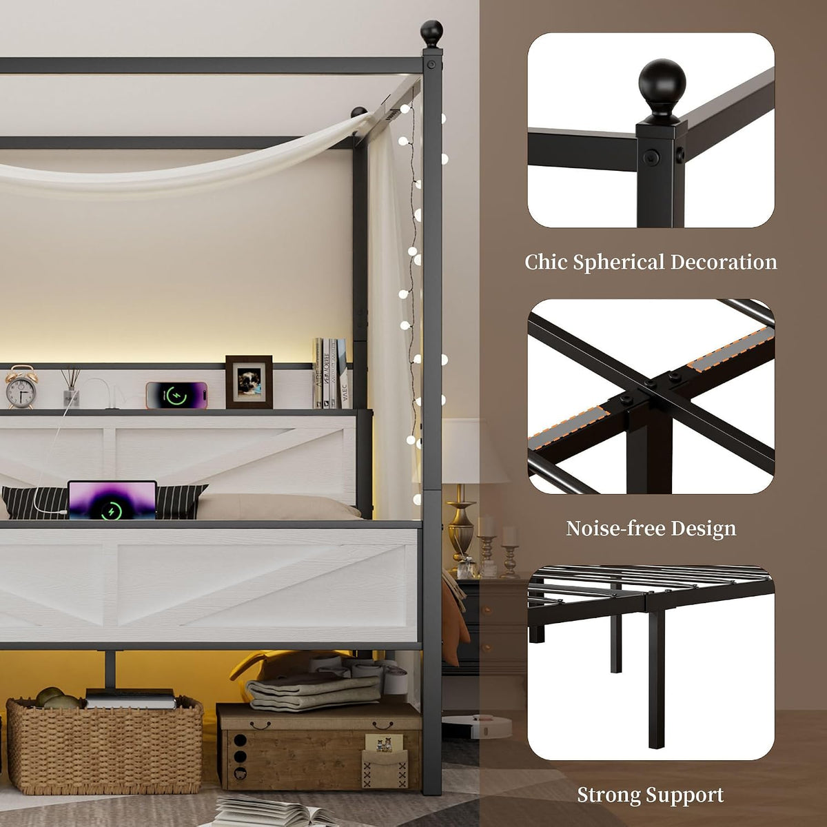 Canopy Bed Frame Full Size with Storage Headboard, White
